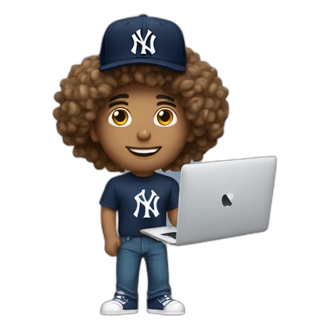 20yo curly hair mexican man with a MacBook and a yankees cap sticker