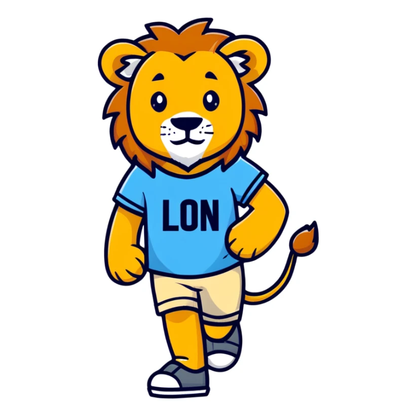 retro 1950s anthropomorphised lion in a t-shirt and shorts walking sticker