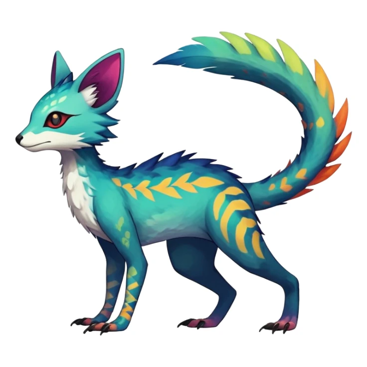 Rare realistic exotic edgy epic pretty beautiful handsome gorgeous aesthetic colorful vibrant Vernid-Trico-species-Fakemon-creature by LiLaiRa, 4 legs, 1 tail, random markings, (full body) sticker