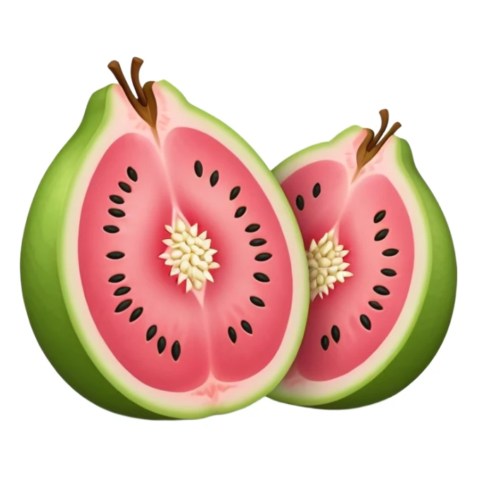 A guava cut in half showing pink flesh and white seeds sticker