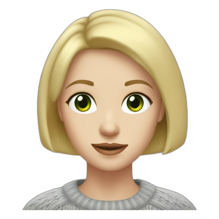 medium blonde girl with bob cut, green eyes, long face, pale skin, silver earrings wearing a grey sweater sticker