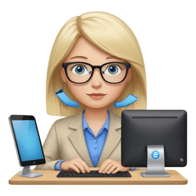 donna, occhi azzurri con occhiali, capelli medi, lisci e biondi, lavora al pc. sticker