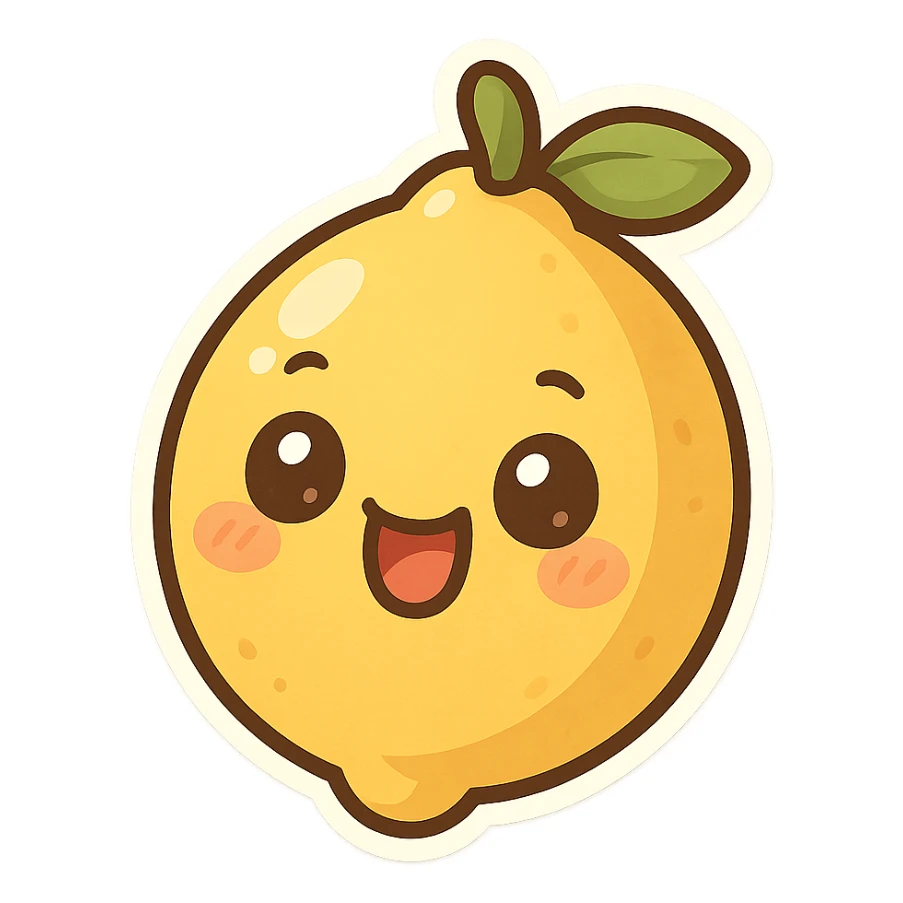 chibi sticker-style lemon with a smiling face, cute and exaggerated sticker