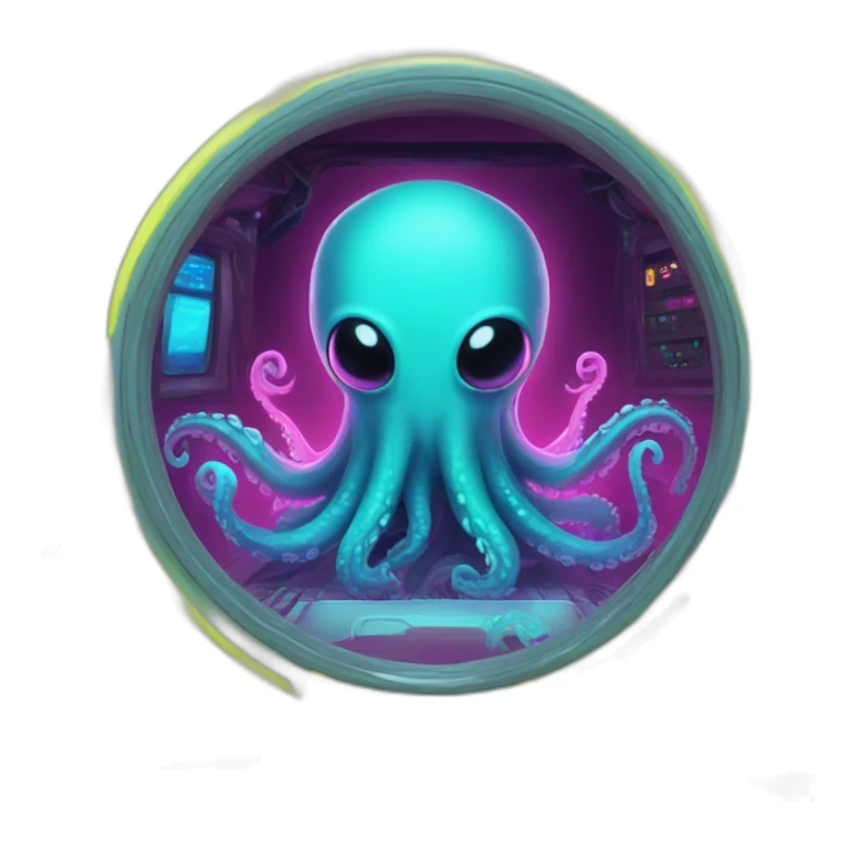 cute kraken playing pc in neon chamber sticker