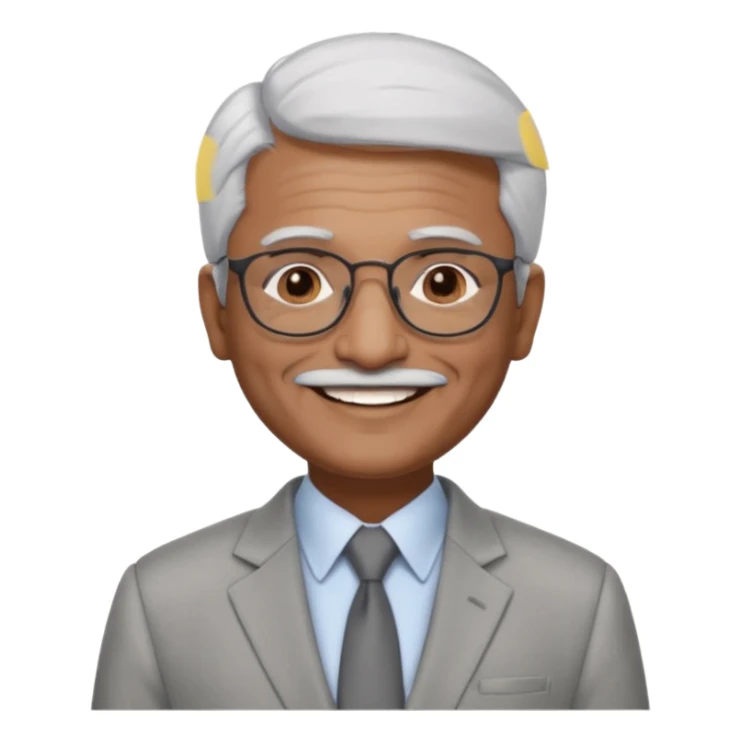 60 yr old indian man, short straight white hair brushed foreward , light grey business suit, big smile, dark brown skin, no moustache, dark brown eyes, glasses
 sticker