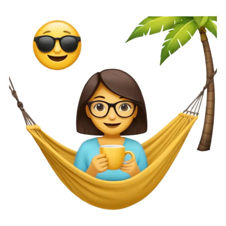 Créer un emoji stylisé et coloré représentant le week-end, joyeux et relaxant. L’emoji doit être rond, lumineux, avec un visage souriant ou des lunettes de soleil teint noir. Ajouter des éléments évoquant le repos ou le plaisir : café, hamac, soleil, musique, détente.  sticker