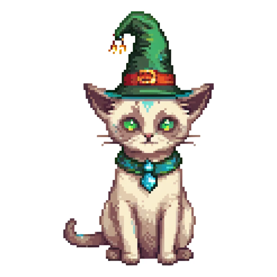 A pixel art image of a Siamese cat wizard with a green hat. sticker