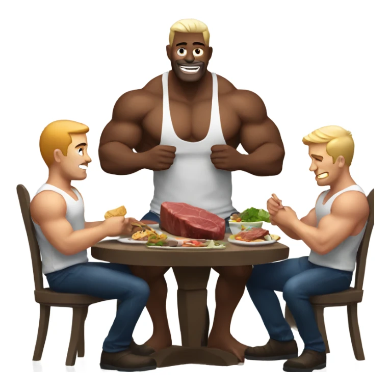 5 muscular white men sitting down eating steak sticker