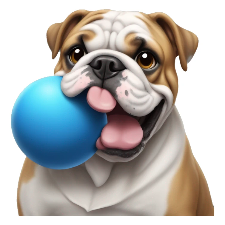 English bulldog playing with big blue ball sticker