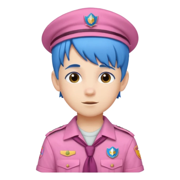 scout boy with very pink scout uniform, blue haired and hat sticker
