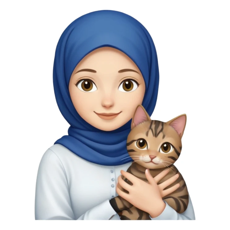 White girl wearing dark blue hijab with white shirt smiling while holding a black browntabby cat sticker
