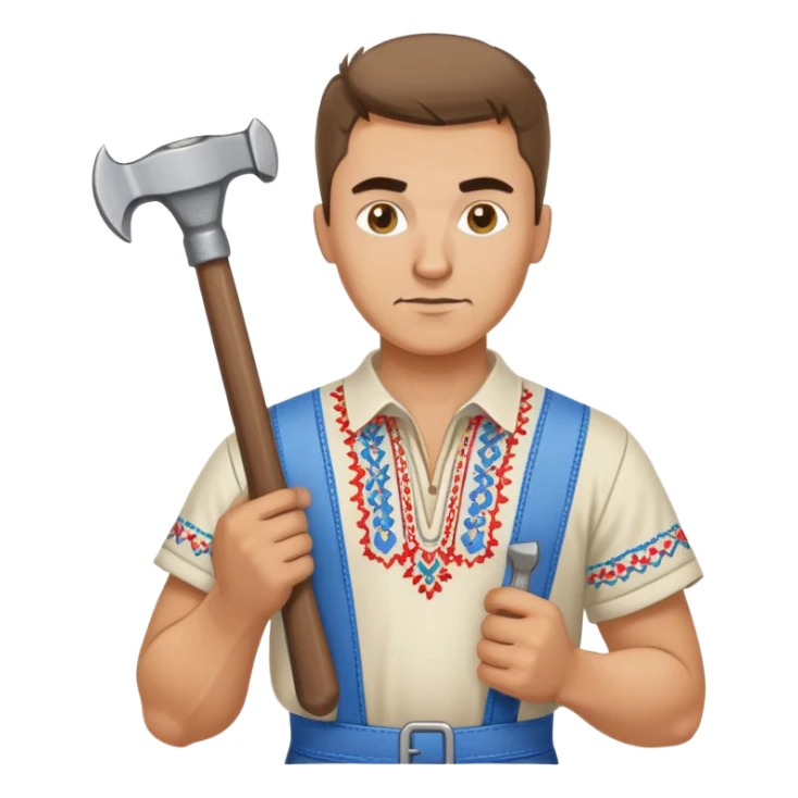 Ukrainian man wearing traditional embroidered vyshyvanka shirt holding construction tools like hammer and wrench sticker