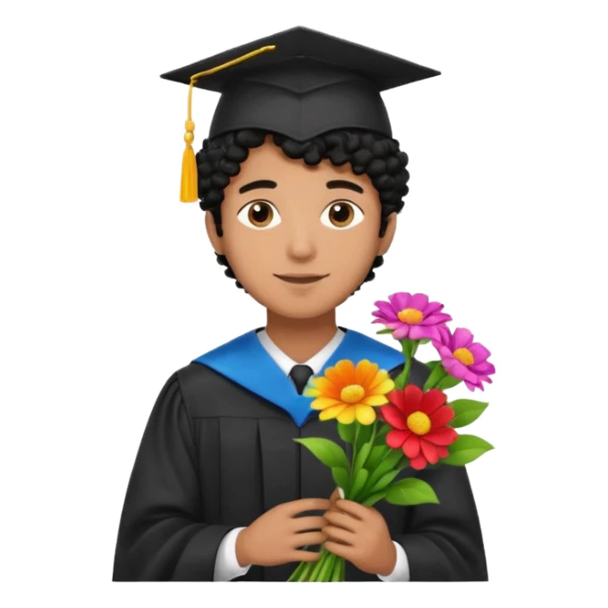 Graduated Students, Male,  brown skin, black curly hair, wearing graduation cap, holding bouquet of flowers
 sticker