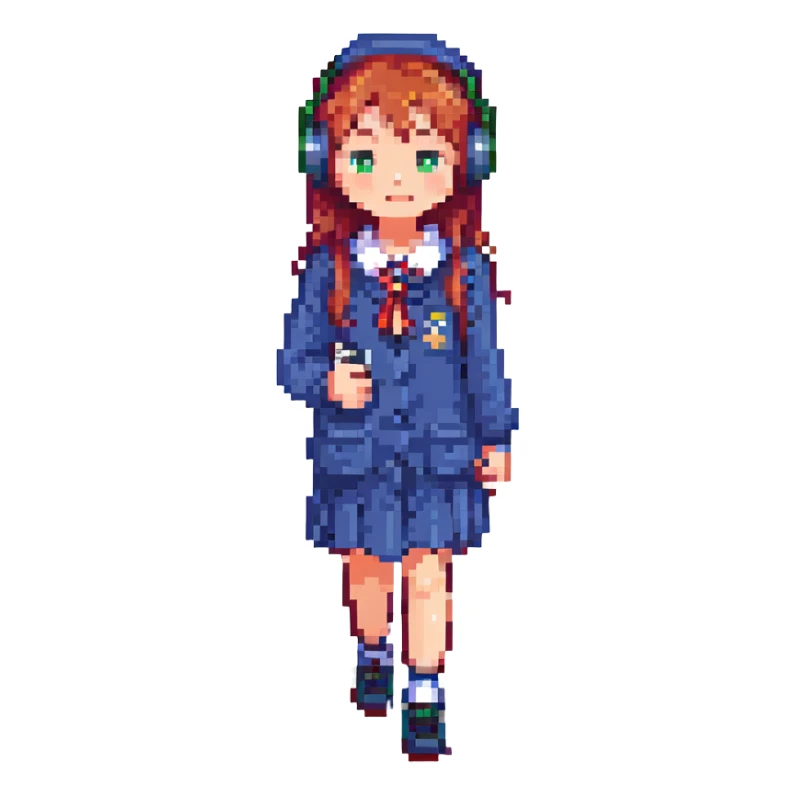 girl in a school uniform with headphones, walking, pixel art style sticker