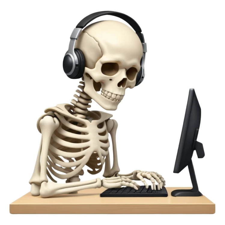 Skeleton sitting at computer with black headphones on slamming his head into his desk sticker