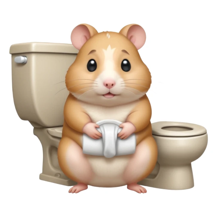 Cute chubby cartoon-style hamster sitting on toilet pooping looking as if he had an accident sticker