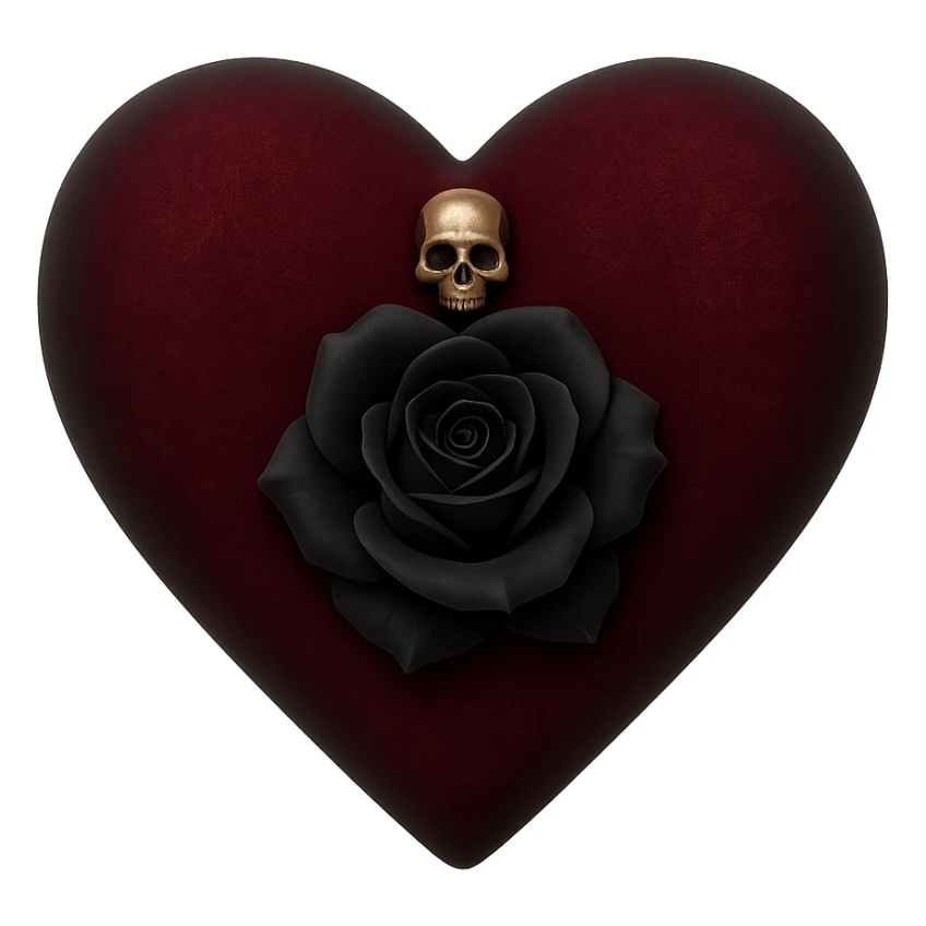 gothic heart in 3D black style, dark crimson velvet texture, silver skull charm, black rose center, lush and gothic sticker