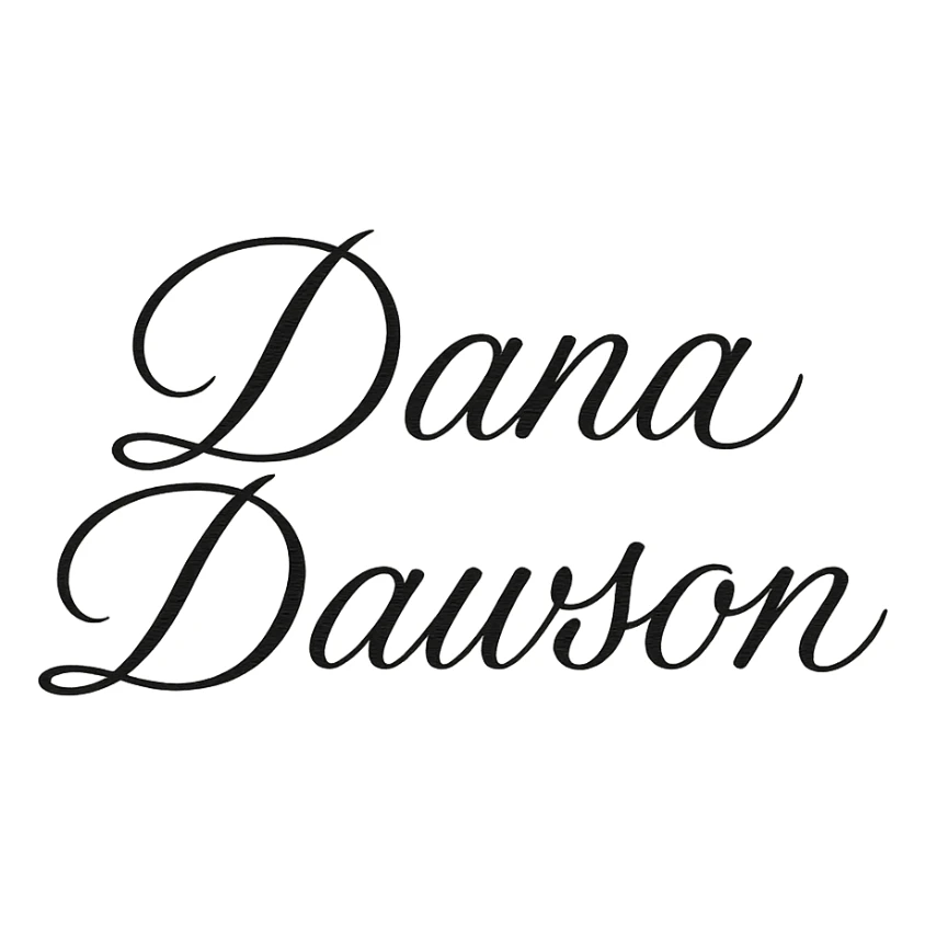 elegant script wordmark of 'Dana Dawson', flowing cursive, minimal, black and white sticker