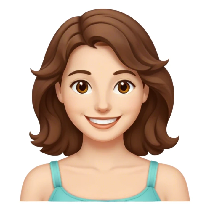 White woman medium size, wavy brown hair shoulder length, brown eyes, smiling, saying "Happy March" sticker