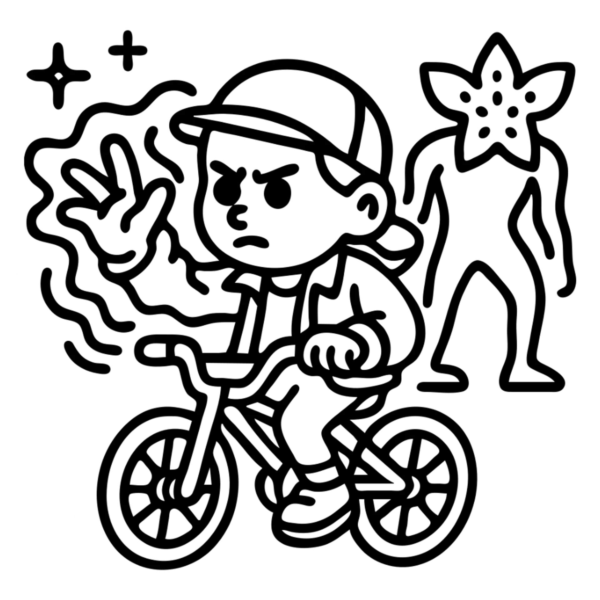 Stranger Things character in black and white line art, ideal for coloring. Personagem com bicicleta, poderes da Eleven, Demogorgon ao fundo, traços nítidos, sem cor. sticker