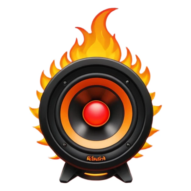 Head: A black KLIPSCH RP-8000F speaker, often represented with a red center or speaker cone.
Core: A small, bright glowing cherry-red circle representing his core.
Body & Armor: Primarily black armor plating with bright red accents or flames. sticker