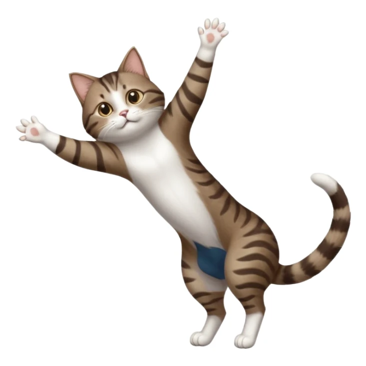 dark brown tabby and white cat with doing a big extremely long stretch reaching up into the air with arms and legs side by side together straight and overextended whilst lying on its side sticker