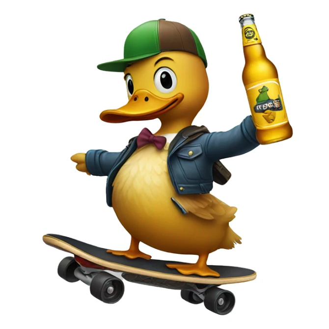 A duck riding a skateboard while holding a beer bottle  sticker