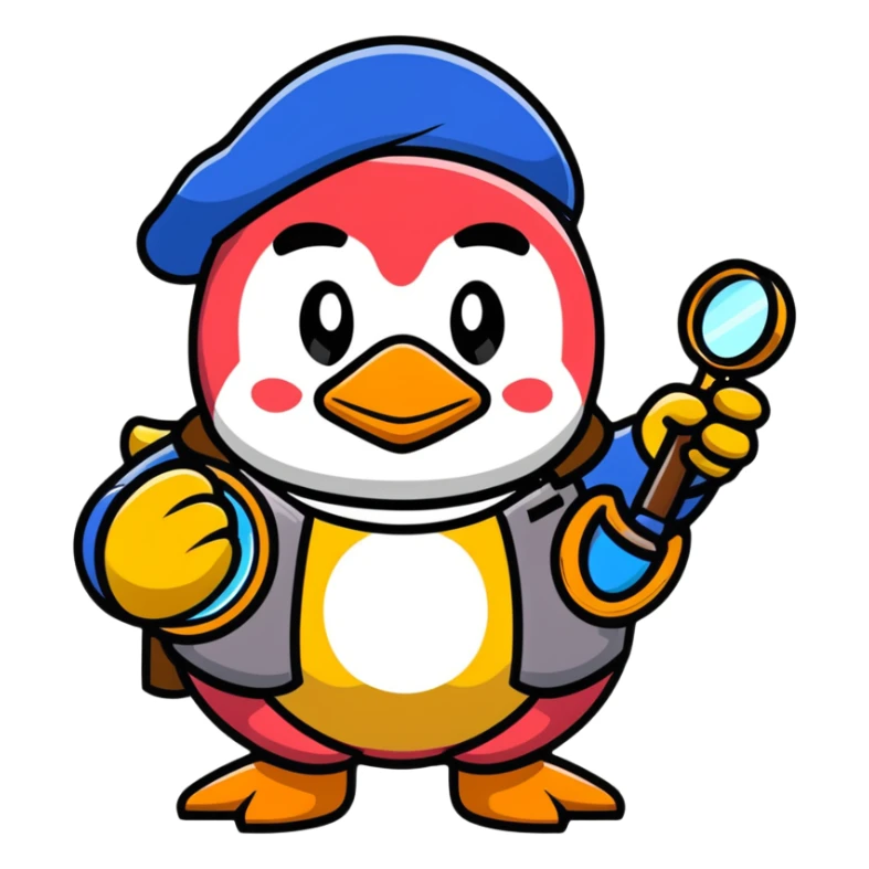 King Dedede from Kirby dressed as a detective, holding a magnifying glass, cartoon style sticker