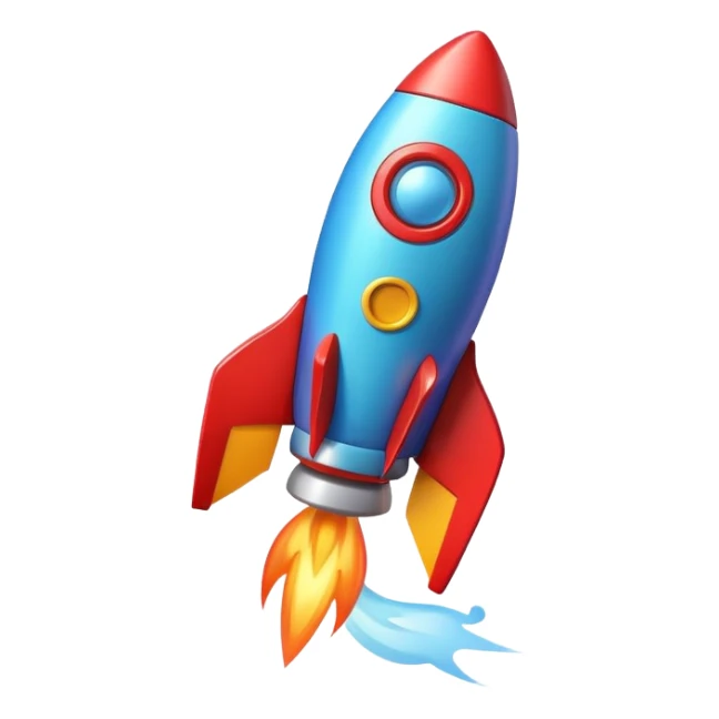 A colorful toy rocket with a cute happy face on its body sticker