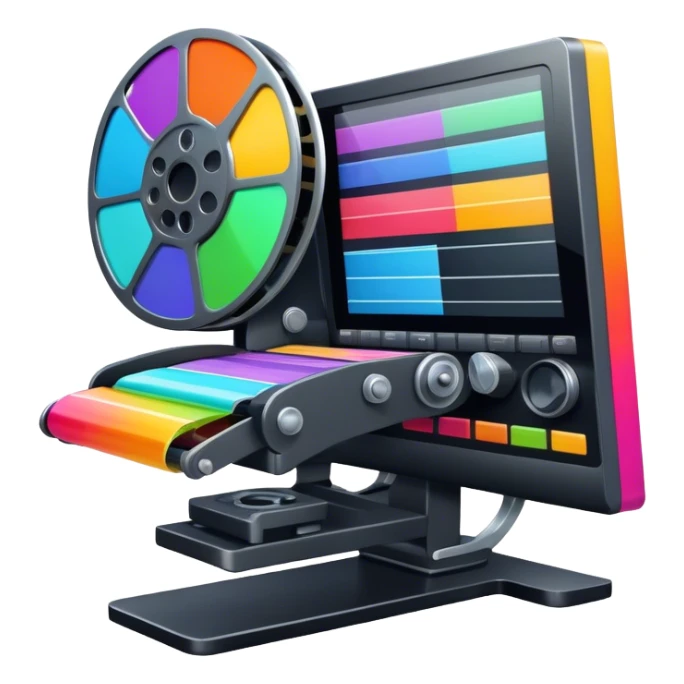 Create a vibrant and modern icon representing Animation and Motion Design, featuring elements like a film reel, a computer screen, dynamic motion lines, and a cinematographic film strip on an editing table. The design should be colorful, and dynamic, without any emojis. The background's transparent. sticker