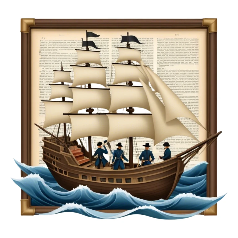 Reading Fiction: a sailing ship made of book pages floating on waves, with swashbuckling musketeers on horseback and a detective silhouette resembling Sherlock Holmes in the background. The icon should capture the adventurous and romantic spirit of classic literature. Transparent background. sticker