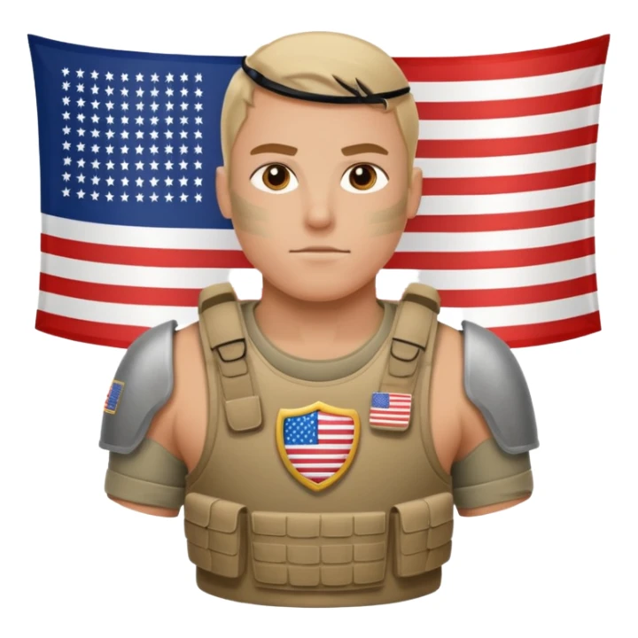 generate realistic manly white american soldier in body armor and full uniform with small usa flag on shoulder sticker