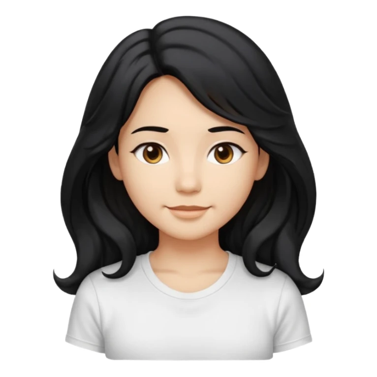 front-facing, chest-up portrait, symmetrical pose
long wavy black hair, glossy strands, slightly rounded volume, soft gentle smile, relaxed eyes, cute proportions
white T-shirt, minimal, pure white background, bright soft lighting, smooth plastic-like material, clean rende sticker