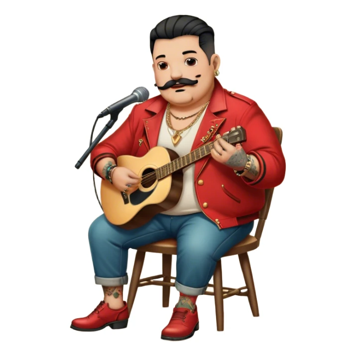 Icon for Chanson: Old fat chanson singer with tattoos and short moustache, red jacket, gold chains and braslettes, sitting on a chair with an acoustic guitar and standing microphone. No earrings. The atmosphere should reflect a nostalgic, soulful vibe with vintage elements. Transparent background. sticker