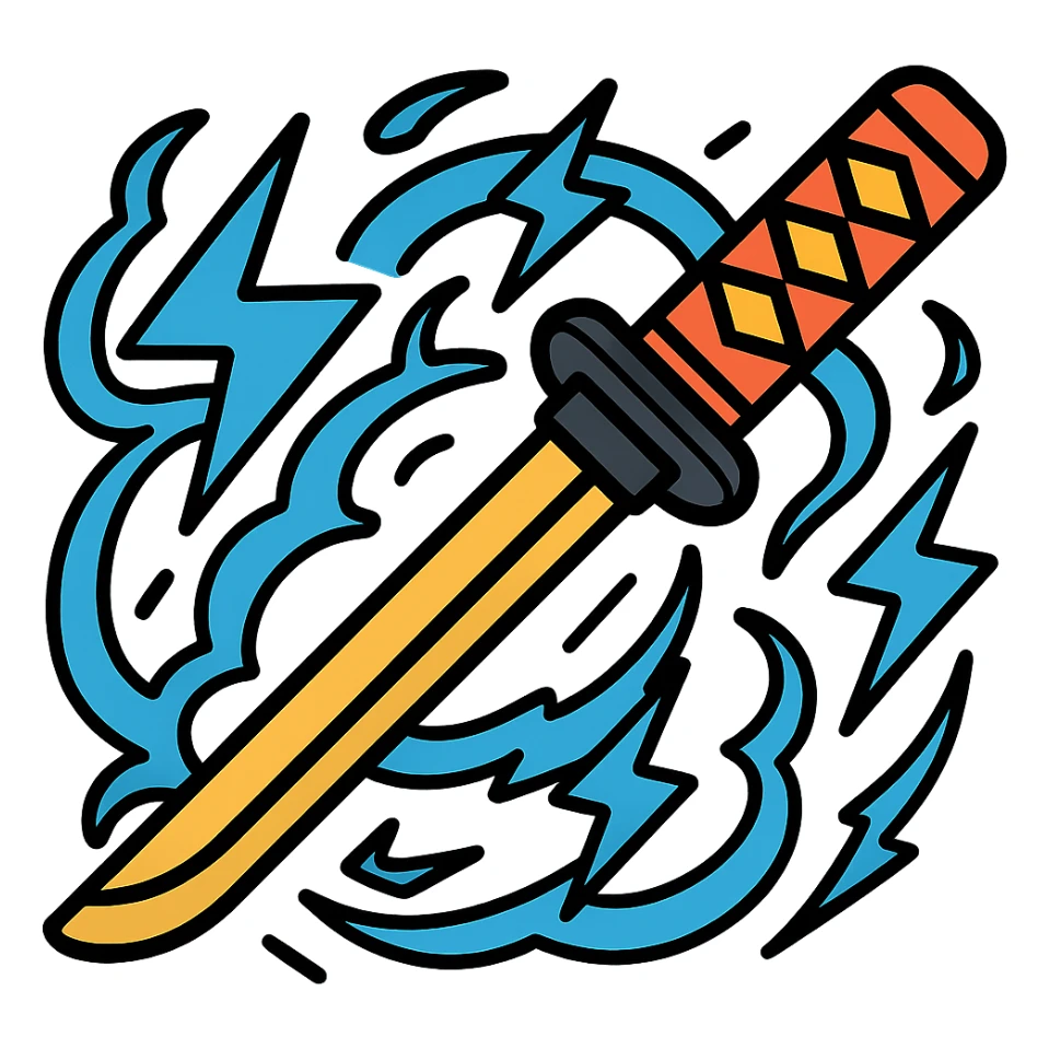 Add swirling blue lightning and electric arcs around the katana, no background, keep icon style consistent with lineal color icon with black outlines. sticker