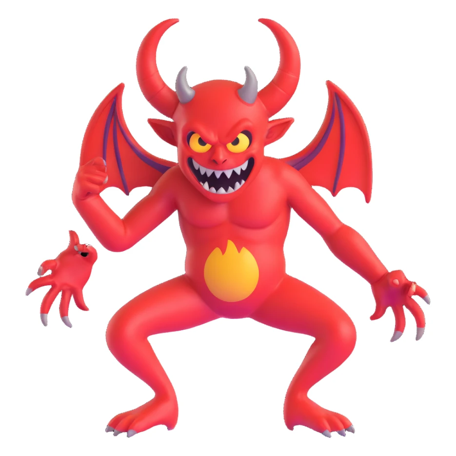 Bendy cartoon demon, modern 3D style, shiny finish, playful pose sticker