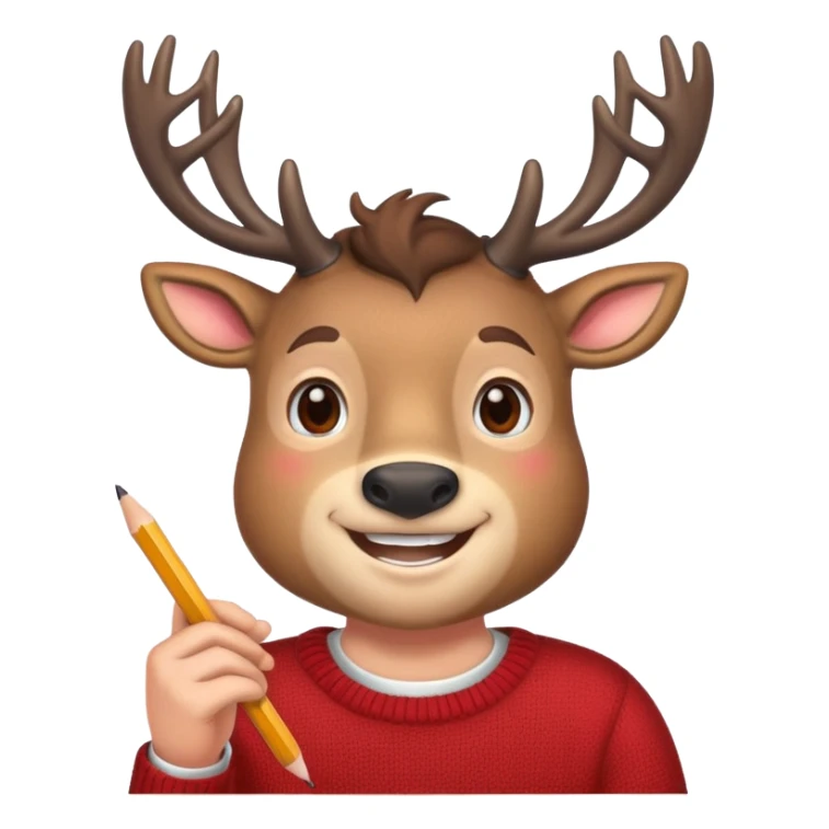 stag in red sweater holding a pencil and smiling sticker