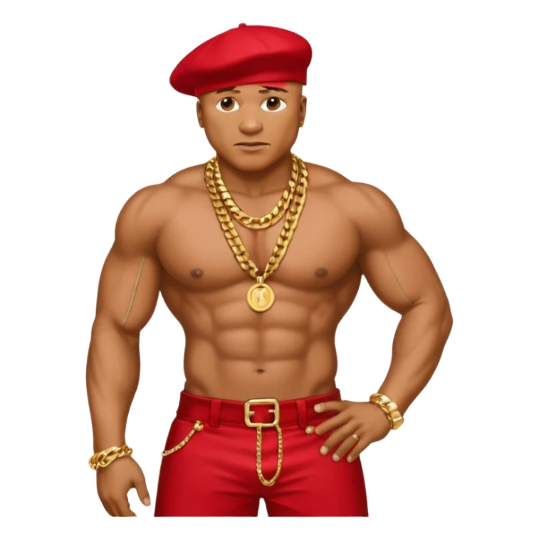 LL Cool J with metallic red pants, shirtless with necklace sticker
