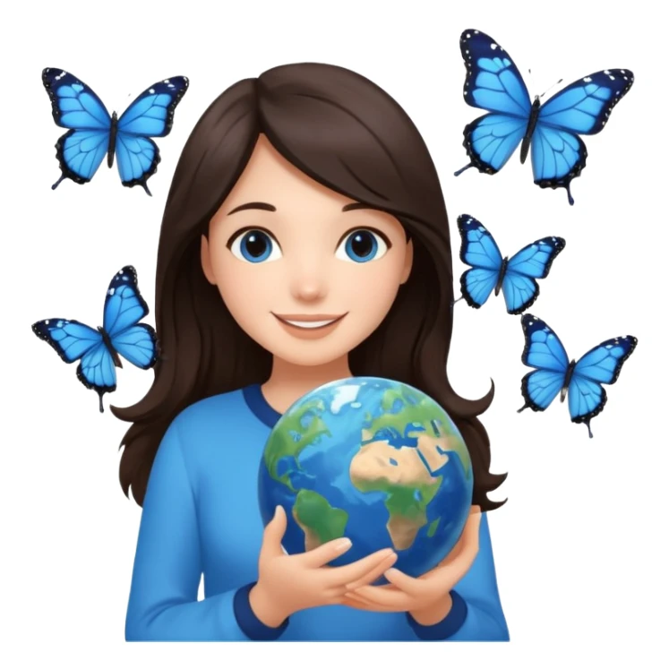 Successful CEO (brunette girl, another emoji, in the middle), holding the Earth 🌍 in her hands smiling warmly, blue monarch butterflies fly around her. sticker