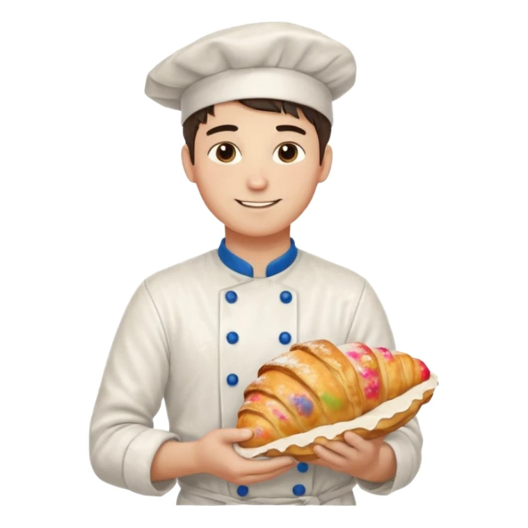 Young male baker – holding a croissant, flour on clothes

 sticker
