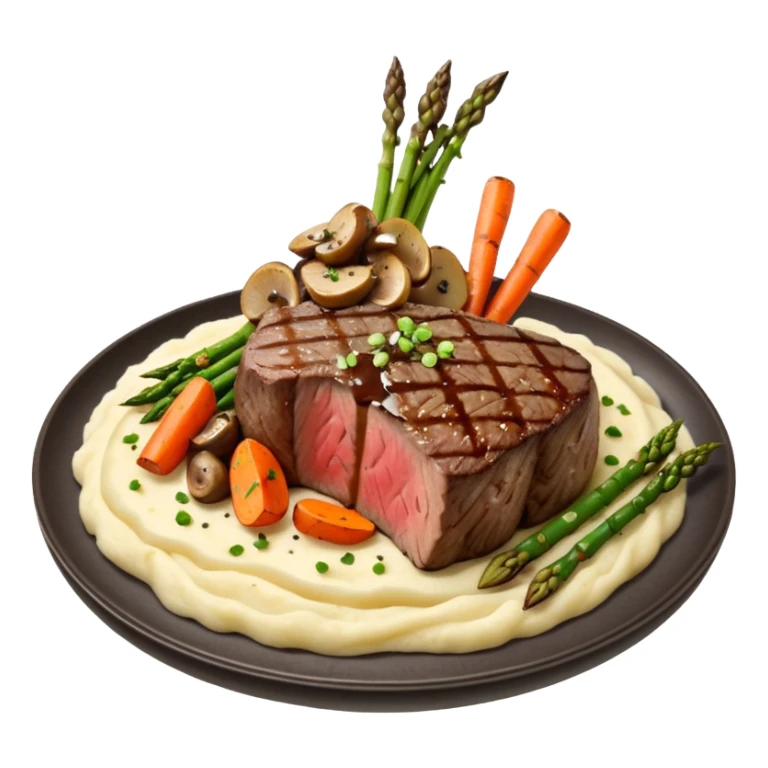 Medium rare Wagyu steak on a bed of creamy garlic mashed-potatoes, coupled with pan seared carrots mushrooms asparagus and a lovely black pepper truffle sause  sticker