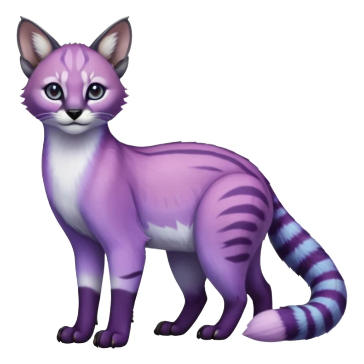 Colorful dark tropical pastel-lilac-lavender-violet iridescent pastel white glorious divine exotic cute cool beautiful shiny beautiful fantasy-caracal-civet-genet-sergal-vernid-Cacomistle-oncilla-animal-Fakémon-hybrid-fursona (full body) sticker