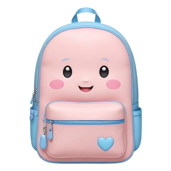 Cute Kawaii Backpack, round and chubby, soft pastel pink and blue, tiny heart-shaped zippers, blushing cheeks, a tiny smiling face, a happy school-time companion! sticker