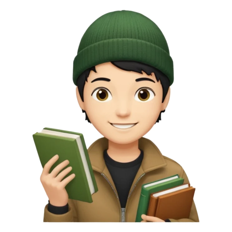 tan skin, non binary man with pixie cut black hair, wearing brown jacket and dark green beanie, smiling , holding up books  sticker