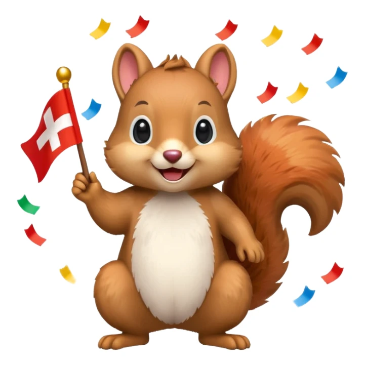 playful squirrel surrounded by confetti, waving a Swiss flag, emoji style sticker