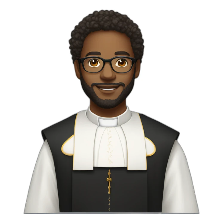 young black catholic priest beard, curly hair, with rounded glasses and clerygman sticker