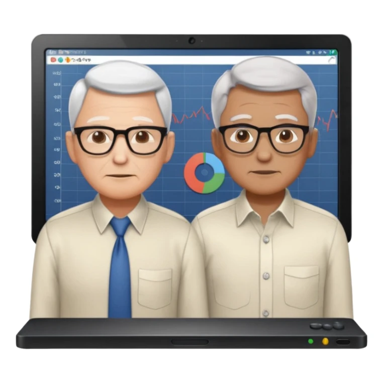 teaching somebody else in person, in the same place, watching the same monitor together, the trainee and trainer are in the similar age, two both are men, the monitor should be showing some data graphs sticker