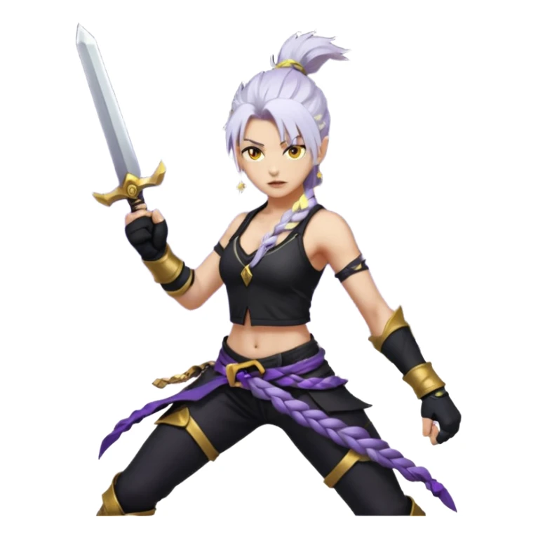 A sword maiden, mohawk, long braid white hair with lavender and tips long messy bangs one side, gold yellow eyes, black crop top, with both fighting gloves up in defensive ready pose, delivering a lightning quick vertical upwards front kick with volcanic force sticker