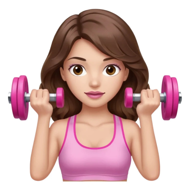 girl with wavy long brown hair, brown eyes, light to medium complexion, long lashes, light pink lipstick, wearing light pink shirt, lifting a pink dumbbells in a sports top sticker