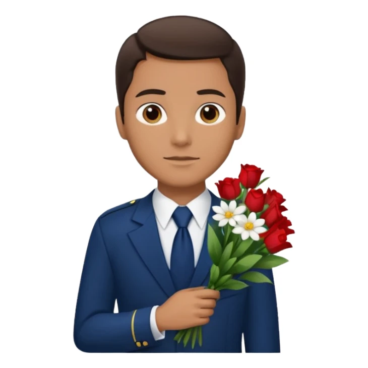 Homme avec bouquet fleurs blanches, avec uniforme bleu foncé cravate rouge, arabe raie sur le coté, brun un peu bronzé et yeux marrons  sticker